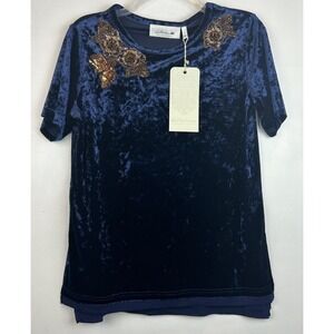 Crushed Velvet Top Womens Small Navy Velour Sequin Bead Event Modest Whimsigoth